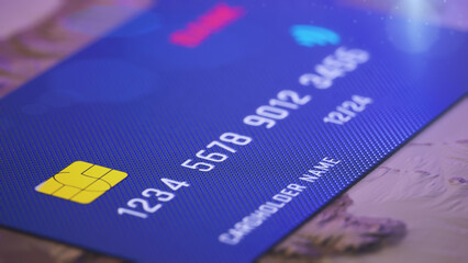credit card closeup illustration with stylized surface. Glowing optical light flare from corner. Modern digital picture