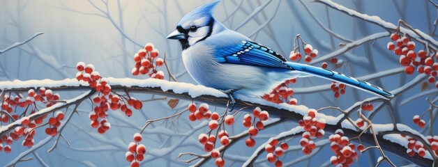 a Blue Jay perched amidst Common Winterberry branches in the winter season.
