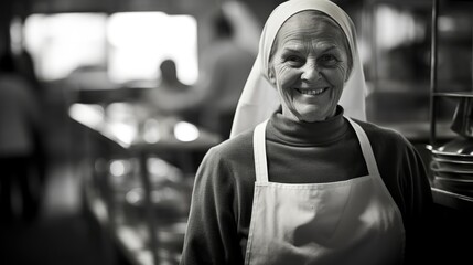 A cheerful cook in the kitchen expresses joy with a smile on her face.
