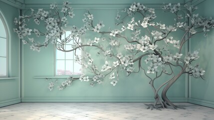 Escape to a virtual garden through a 3D wallpaper capturing a floral tree. Soothing mint green flower leaves surround a resplendent silver stem.