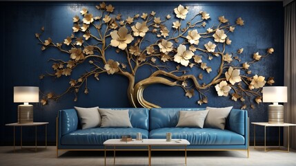 Experience a new ambiance with a stunning 3D wallpaper capturing the essence of a floral tree. Silver-blue flower leaves and a radiant gold stem bring nature indoors.