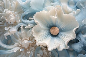 Experience a delicate dance of translucent aquamarine and pearl white fluids, forming an otherworldly 3D abstract tapestry with mesmerizing details.