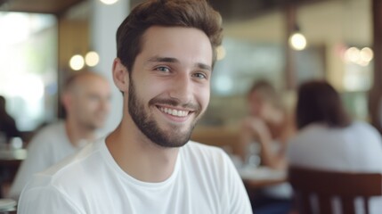 A man smiling at a restaurant table, enjoying his meal.