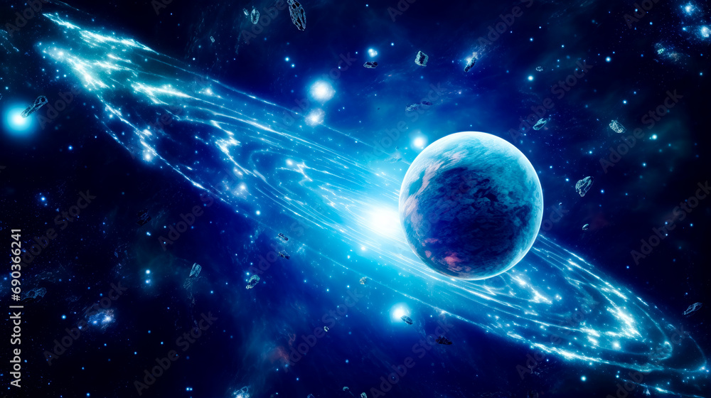 Poster artist's rendering of planet in space with stars around it.