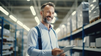 A man with a smile holds a tablet in a warehouse, exuding confidence and professionalism.