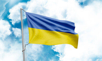 Ukraine flag waving on sky background. 3D Rendering