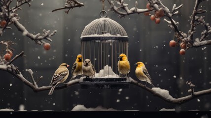 sparrows, tits, and bullfinches gathered in a feeder on a tree in a winter garden, the diversity of bird species in a winter scene. - obrazy, fototapety, plakaty