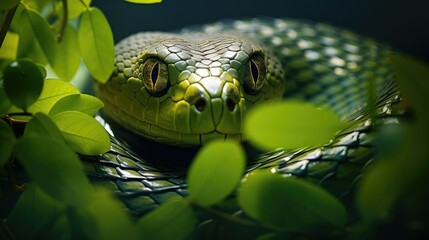 A green snake camouflaged in foliage, blending seamlessly with the leaves.