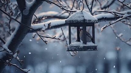 sparrows, tits, and bullfinches gathered in a feeder on a tree in a winter garden, the diversity of bird species in a winter scene.
