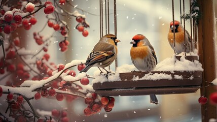 sparrows, tits, and bullfinches gathered in a feeder on a tree in a winter garden, the diversity of bird species in a winter scene. - obrazy, fototapety, plakaty