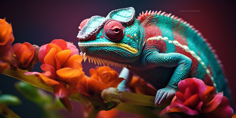 Chameleon on the flower. Beautiful extreme close-up created with Generative Ai
