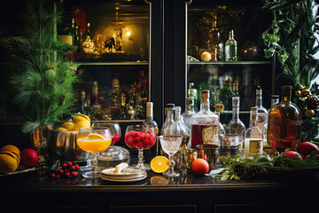 Fototapeta na wymiar Christmas cocktail bar, gourmet holiday drinks, adorned with fresh herbs, edible flowers
