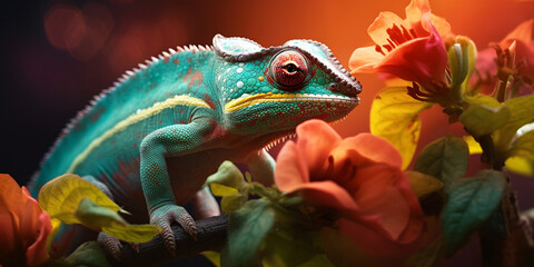 Fototapeta premium Chameleon on the flower. Beautiful extreme close-up created with Generative Ai