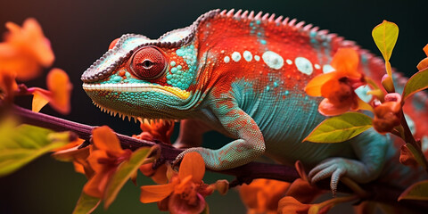 Obraz premium Chameleon on the flower. Beautiful extreme close-up created with Generative Ai
