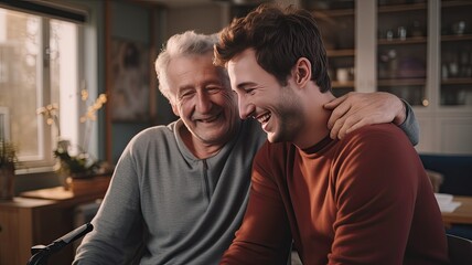 Obraz premium a young man assisting an elderly man with physiotherapy exercises in a modern minimalist setting, capturing the essence of community and meaningful conversation.
