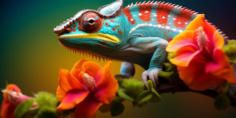 Obraz premium Chameleon on the flower. Beautiful extreme close-up created with Generative Ai