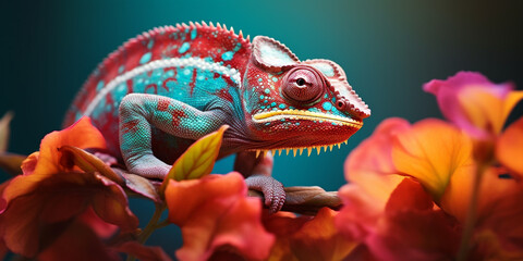 Chameleon on the flower. Beautiful extreme close-up created with Generative Ai