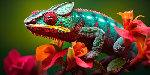 Obraz premium Chameleon on the flower. Beautiful extreme close-up created with Generative Ai