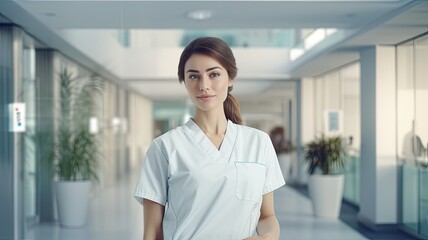 a 25-year-old hospital nurse dressed in hospital pants and a white t-shirt, captured in a minimalist, modern composition that reflects professionalism and contemporary style.