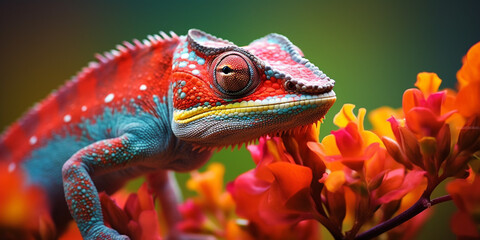 Obraz premium Chameleon on the flower. Beautiful extreme close-up created with Generative Ai
