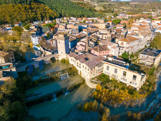 Italy, 08 December 2023 - aerial view of Fermignano in the province of Pesaro and Urbino