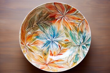 A decorative bowl painted with watercolors, top view.