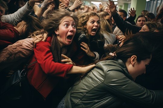 A crowd of women jostle in a shopping center. Black Friday sale.