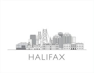 Halifax, Nova Scotia cityscape line art style vector illustration in black and white