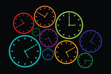 Vector Illustration Style Is Flat Bright Multicolored Iconic Clock Symbols on a Black Background