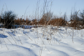 Snow-covered streets and fields on a sunny, frosty day