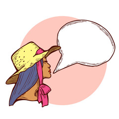 Beautiful young woman talk. Empty speech bubble for sale promotion, text background, quotes. Hand drawn illustration, cartoon comic style.