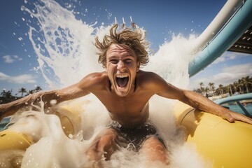A happy man riding on the water slide in the waterpark. - obrazy, fototapety, plakaty