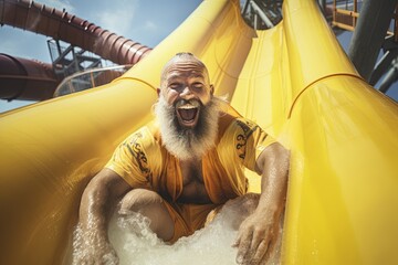 A happy man riding on the water slide in the waterpark. - obrazy, fototapety, plakaty