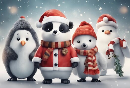 Set of watercolor characters isolated on white background Polar bear fox penguin snowman and Santa