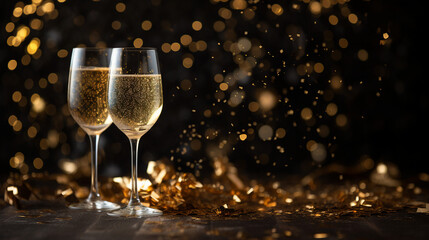Elegant New Year's Eve Celebration Background with Champagne Toast and Glittering Sparklers - Festive Holiday Party Concept for Joyful Seasonal Greetings and Midnight Countdown. - obrazy, fototapety, plakaty