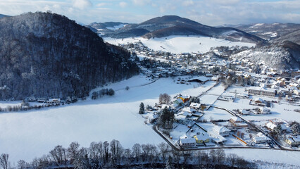 Winter scenery: beautiful view of small town Alland in lower Austria near Heiligenkreuz in Austria
