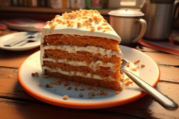 A slice of carrot cake covered in buttercream and sprinkled with crunchy walnuts. - obrazy, fototapety, plakaty