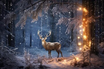 A snowy Christmas tree in the forest with lit candles on the branches, a deer is watching.