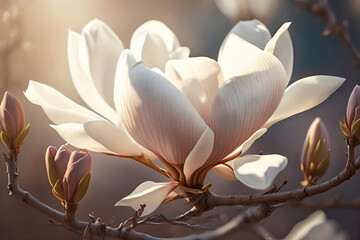 Beautiful delicate big white magnolia in sunlight. Spring and summer, love and romance