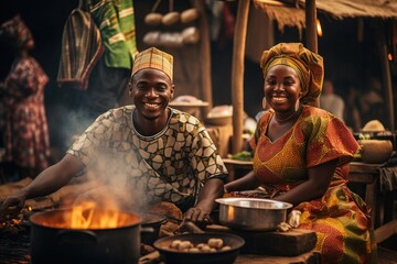 African couple cooking at local food market. - obrazy, fototapety, plakaty