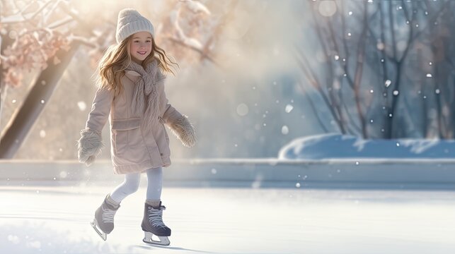 a young girl gracefully ice skating in winter, set against the serene backdrop of white snow and a forest, presented in a minimalist modern composition.