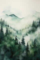 Watercolor misty spruces in forest and mountain.	