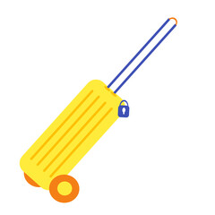 A yellow suitcase on wheels with a long handle and a blue lock. Travel suitcase.