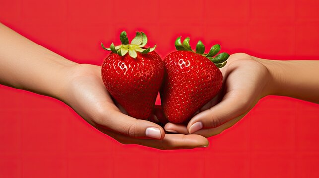 hands delicately holding strawberries with ultra-realistic details, set against a bright color background, and composed in a minimalist modern style.