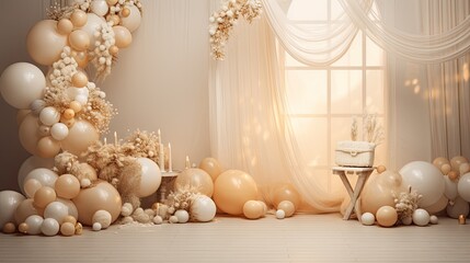 Obraz na płótnie Canvas baby party decorations, designed with an ethereal and dreamlike atmosphere, a palette of light beige and light amber.