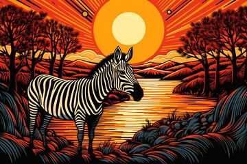 Fototapeta na wymiar Art life of zebra in nature, block print style.