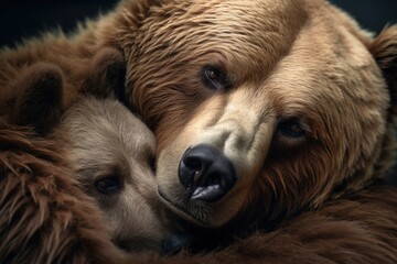 Bear mother hugging bear baby.