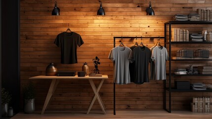 men's t-shirts, absent of logos, neatly presented on a bright wooden background within a well-lit store, creating a composition that reflects a modern and minimalist style.