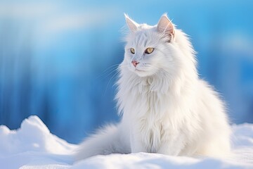 Naklejka na ściany i meble Beautiful white fluffy turkish angora cat at snow.
