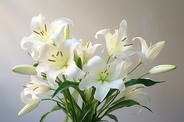 Beautiful white lillies on light background.